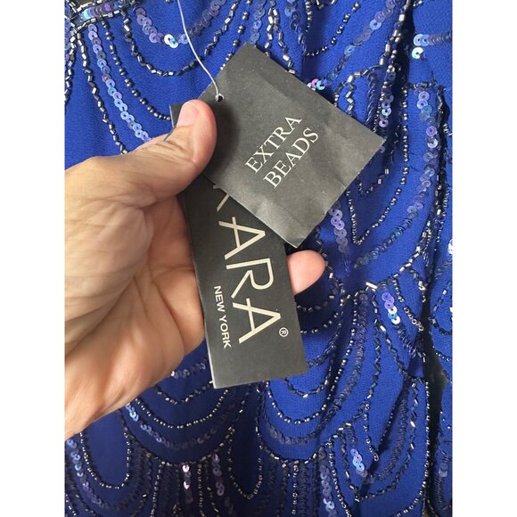 NWT J Kara Women's V-Neck 3/4 Sleeve Scalloped Beaded Mock Dress, Royal/Multi, 4 - Picture 6 of 8